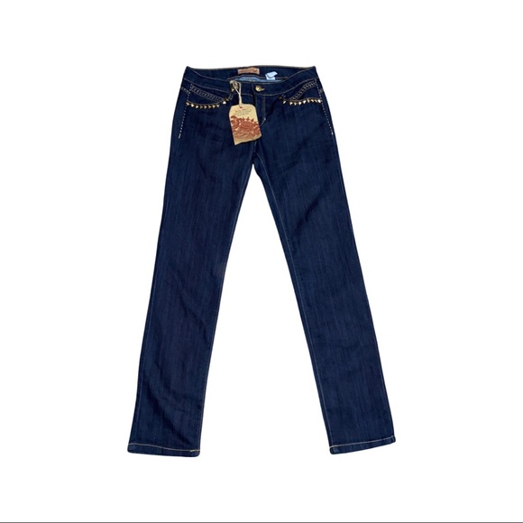 Dark Blue Made In America Studded Jeans With Tan Western Style Stitching - Picture 3 of 9